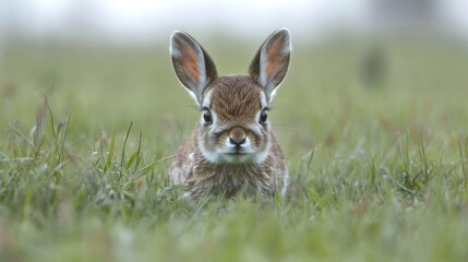 Obraz premium A tiny brown rabbit nestled amongst vibrant green grass.