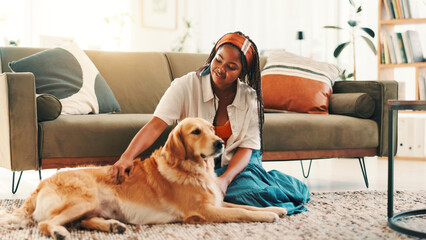 Stroke, relax or black woman in living room with dog, support or companion in home with care or...
