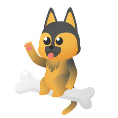 Little cute puppy dog Dober with brown fur sit in bone with waving hand pose flat art vector design illustration cute simple style. Perfect for animal or kid asset template sticker and books cover