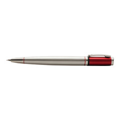 Shiny metallic ballpoint pen with a red accent placed on a white surface