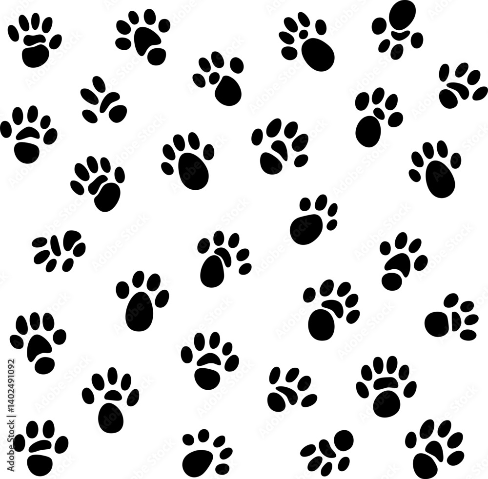 Poster a seamless pattern featuring various black paw prints on a white background, creating a playful and 