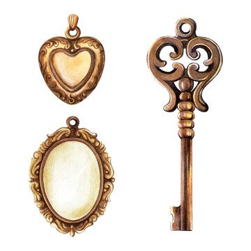 Bronze heart key, heart-shaped locket, and vintage cameo frame pendant set. Antique watercolor jewelry clipart. Ideal for romantic or steampunk design, romantic postcard, elegant card, retro sticker.