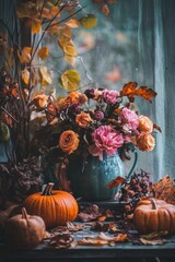 A cozy autumn still life featuring pumpkins, dried leaves, and seasonal flowers