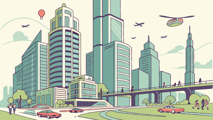 A futuristic Earth cityscape featuring towering skyscrapers, cutting-edge technology, and sustainable urban design.