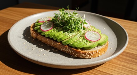 Avocado toast with radish and sprouts on a plate on a wooden table.