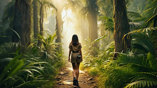 Explorer walks along jungle trail through lush green vegetation with bright sunlight, adventure and discovery, rear view, tropical