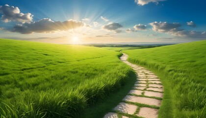 Fototapeta premium Sunset Path Through Green Field