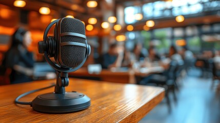 Podcast Microphone in a Cozy Cafe Setting