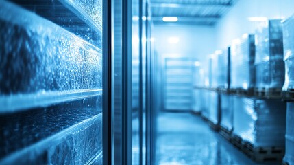 Cool storage facility with condensation on glass doors, showcasing shelves filled with supplies.