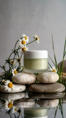 A serene arrangement featuring a cream jar atop smooth stones, complemented by daisies and grass, creating a calming natural aesthetic.