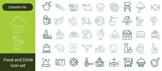 Food and Drinks Line Icons. Editable Stroke. Pixel Perfect. For Mobile and Web. Contains such icons as Bread, Wine, Hamburger, Milk, Carrot, Fruit, Vegetable.