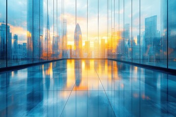 Sunset view from a modern high-rise building overlooking a vibrant city skyline