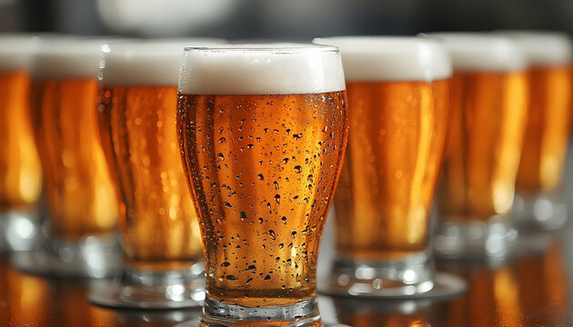 A close-up view of several frosty glasses of beer with bubbles, set on a wooden bar counter, creating a festive atmosphere