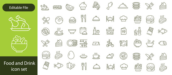 Food and Drinks Line Icons. Editable Stroke. Pixel Perfect. For Mobile and Web. Contains such icons as Bread, Wine, Hamburger, Milk, Carrot, Fruit, Vegetable.