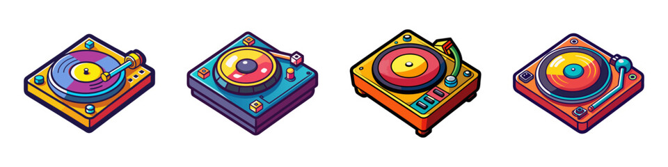 Collection of Colorful Isometric Retro Turntables Illustration