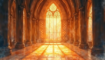 Obraz premium Gothic cathedral interior with tall columns and stained-glass windows illuminated by golden sunlight