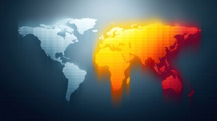 A stylized world map in gradient colors, showcasing regions in blue and orange tones, symbolizing various themes or data visualization.