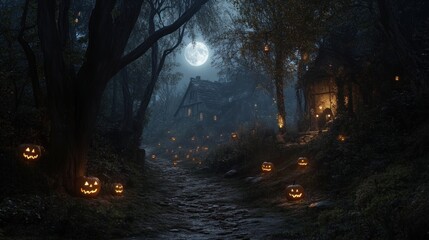 Obraz premium A dark, eerie forest pathway illuminated by glowing jack-o'-lanterns, with a haunted house and full moon in the distance.