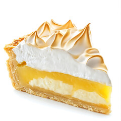 A thick slice of lemon meringue pie with smooth lemon filling, fluffy meringue topping, and buttery crust