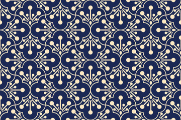 Flower geometric pattern. Seamless vector background. Golden and dark blue ornament