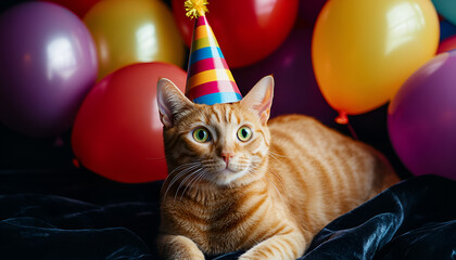 Vibrant balloons and a festive party hat on soft bedding are the highlights of a cute ginger cat s birthday celebration