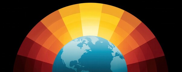 Obraz premium A vibrant illustration of Earth with a colorful spectrum of light radiating from the horizon, symbolizing energy and environmental themes.