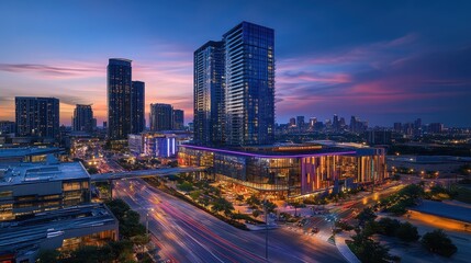Naklejka premium Vibrant cityscape illuminated by neon lights during nighttime with bustling streets and towering skyscrapers