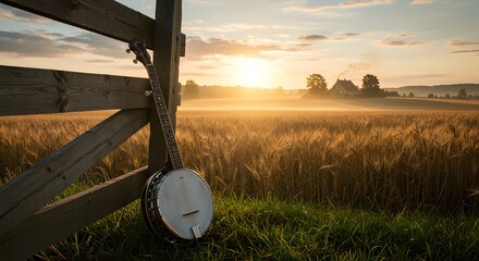 Banjo Leaning on a Fence in a Misty Wheat Field at Sunrise