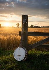 Banjo Leaning on a Fence in a Misty Wheat Field at Sunrise