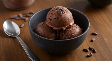 Chocolate ice cream scoops in a dark bowl with spoon on wooden surface.
