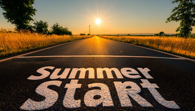 The summer start line on a wet urban road at dawn symbolizes fresh starts, new beginnings, and the journey ahead