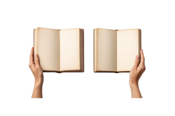 Two hands holding open books with blank pages on a white background, concept of reading and knowledge