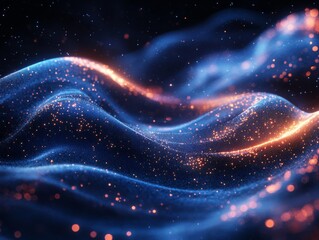 Obraz premium Ethereal Flow: A Mesmerizing Dance of Blue Light and Golden Particles in an Abstract, Cosmic Landscape, Evoking Depth, Energy, and a Sense of Wonder.