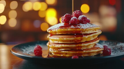 Fluffy stack of pancakes topped with fresh berries and syrup in a vintage setting with soft morning light