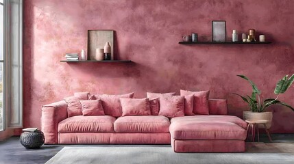 Light Pink Minimalist Bohemian Living Room with Cozy Sofa