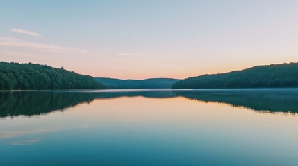 Stunning mountain reflections in a serene lake during early morning light in a tranquil valley
