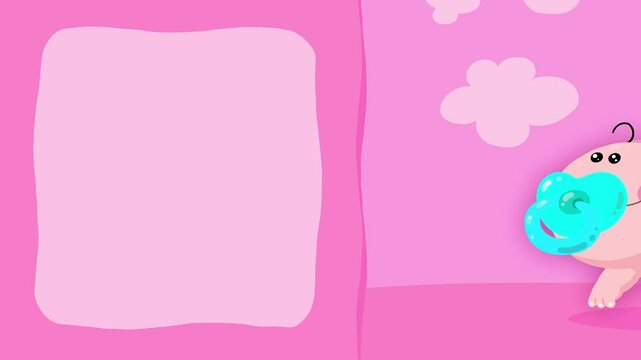 Baby character cartoon animation crawling intro. Little cute kid boy with nappy and sweet teat on title background frame good for any project. Frame good for titles. Sweet pink background.