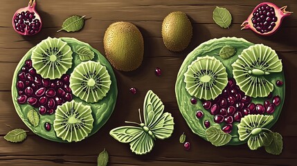 Overhead View Of Two Cakes Decorated With Fruit On Wooden Surface