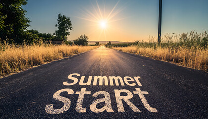 The summer start line on a wet urban road at dawn symbolizes fresh starts, new beginnings, and the journey ahead