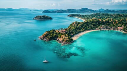 Serene tropical island with white sandy beaches and emerald green waters captured during midday sunlight