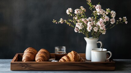 Freshly baked croissants with coffee and flowers on a wooden tray in a cozy cafe setting
