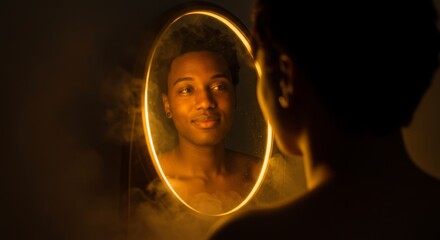 Self Reflection Illuminated - A black person gazes into a glowing oval mirror, symbolizing self-discovery, inner peace, acceptance, confidence, and potential