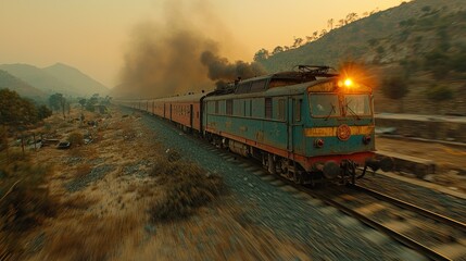 Obraz premium Vintage Train Journey Through Sunset Mountains