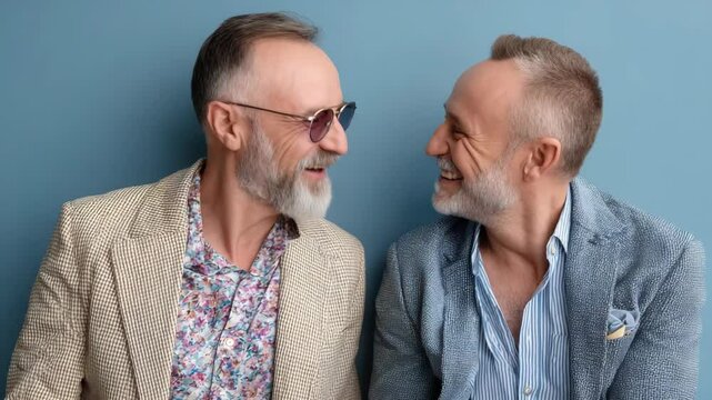 Senior gay couple smiling and nodding in front of blue background