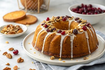 Festive Bundt Cake with White Icing, Cranberries, and Chopped Nuts - Holiday Dessert