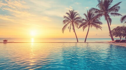 Obraz premium Tropical Sunset View with Palm Trees and Tranquil Swimming Pool