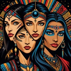 Fototapeta premium Three Indigenous Women, Tribal Art, Cultural Heritage
