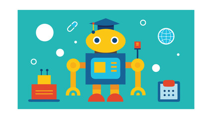 Fototapeta premium Educated Robot with Global Technology Icons