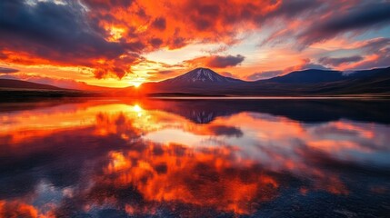 Fototapeta premium Fiery sunset reflecting on calm lake, mountain backdrop, dramatic sky, nature scene