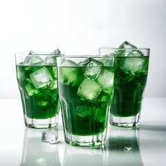 Three Glasses of Refreshing Green Drink with Ice Cubes